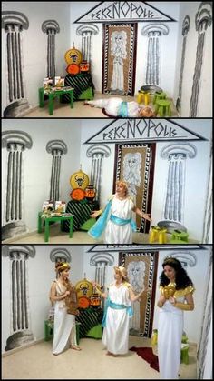 three pictures of women dressed in ancient greek costumes