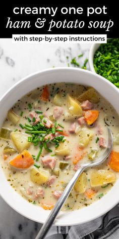 a bowl of creamy one pot ham and potato soup