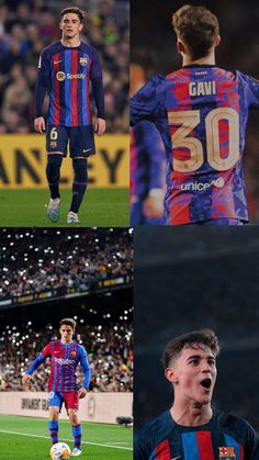 four different pictures of soccer players on the field and in front of an audience at a sporting event