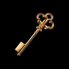 a golden key with a heart shaped lock on it's side, against a black background