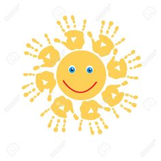 a yellow smiley face with blue eyes and hands in the shape of a sun stock photo