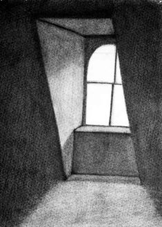 a black and white drawing of a window in a dark room with light coming through it