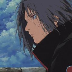 an anime character with long black hair and blue eyes looking into the distance in front of clouds