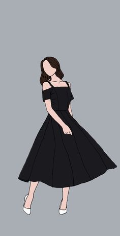 a drawing of a woman in a black dress with her hair up and wearing white shoes