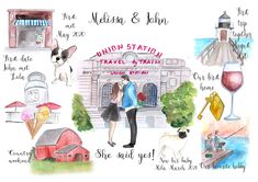 watercolor and ink drawing of union station with dogs, wine glasses, and people