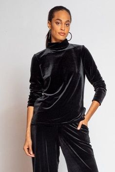 Eva Franco Top Nola Top - Black Velvet Winter Turtleneck Tops For Night Out, Velvet Tops For Winter Night Out, Winter Velvet Long Sleeve Tops, Velvet Long Sleeve Evening Top, Evening Velvet Long Sleeve Top, Sleek Black Mock Neck Top For Fall, Chic Velvet Tops For Winter, Velvet Long Sleeve Tops For Fall, Fall Velvet Long Sleeve Tops