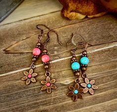 Copper Flower Earrings/flower Earrings/copper Earrings/boho - Etsy Bohemian Pink Earrings With Flower Charm, Pink Nickel-free Bohemian Flower Earrings, Bohemian Pink Nickel-free Flower Earrings, Bohemian Copper Flower Earrings As Gift, Bohemian Pink Hypoallergenic Earrings, Pink Bohemian Hypoallergenic Earrings, Boho Earrings Diy, Simple Bead Earrings, Copper Flowers