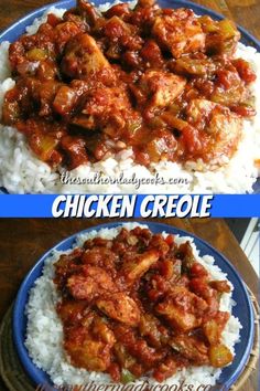 two pictures of chicken and rice on a blue plate with the words chicken grelloe