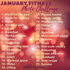 a red and white poster with the words january fitness photo challenge written in front of it