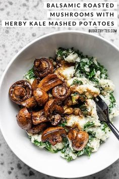 a white bowl filled with mashed potatoes and mushrooms