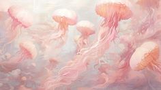 an abstract painting of jellyfish in pink and white colors, with water droplets on the bottom