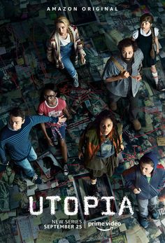 the poster for utopia, which features children standing in front of an array of books