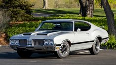 a white muscle car parked in a parking lot next to some trees and bushes on a sunny day