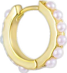 a pair of gold hoop earrings with white pearls on the inside and outside of it