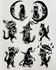 black and white drawing of cats with witches hats on their heads, sitting in front of the moon