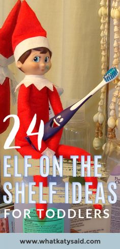 an elf is sitting on top of a shelf with toothbrushes and other items