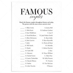 Famous Couples Game with Answer Key Printable by LittleSizzle Anniversary Games For Couples Marriage, Guess Who Couples Game, Love Games For Couples Free Printables, Famous Couples Game, Key Printable, Disney Love Songs Bridal Shower Game, Kelly Preston, Portia De Rossi, Ross Geller