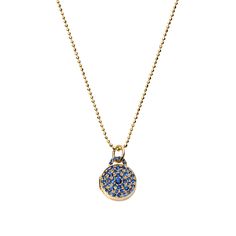 Mini 'Sugar' Blue Sapphire Pavé Locket Necklace Luxury Keepsake Medallion Necklace, Elegant Blue Necklace With Box Chain, Blue Round Pendant Locket Jewelry, Teal Sapphire Necklace Dainty, Oval Blue Locket Necklace, Luxury Blue Locket Jewelry, Luxury Blue Locket Necklace, Tiny Locket, Locket Necklaces