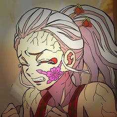 a drawing of a woman with white hair and pink flowers on her face