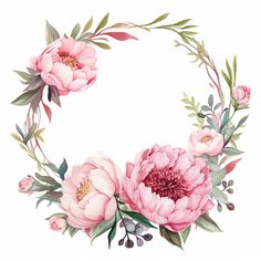 a floral wreath with pink flowers and greenery on the edges, painted in watercolor