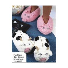 crocheted slippers with cow faces on them