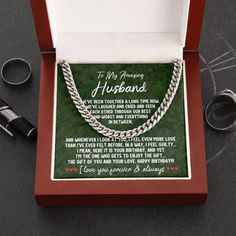 LOOKING FOR A PERFECT BIRTHDAY GIFT FOR YOUR HUSBAND?Look no further! Get him this awesome necklace with a message card and gift box now....He will LOVE it! 💝 MESSAGETO MY AMAZING HUSBANDWE'VE BEEN TOGETHER A LONG TIME NOW.WE'VE LAUGHED AND CRIED AND SEEN EACH OTHERTHROUGH OUR BEST AND WORST AND EVERYTHING IN BETWEEN.AND WHENEVER I LOOK AT YOU, I FEEL GUILTY...I MEAN, HERE IT IS YOUR BIRTHDAY,AND YET I'M THE ONE WHO GETS TO ENJOY THE GIFT...THE GIFT OF YOU AND YOUR LOVE.HAPPY BIRTHDAY!!!I LOVE Wedding Gift For Husband, Anniversary Necklace, Husband Anniversary, Cuban Link Chain Necklaces, Anniversary Gifts For Couples, Anniversary Gifts For Husband, Classic Necklace, Gift For Brother, Year Anniversary Gifts