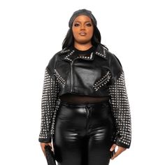 Cap Point Black / L Megan Plus Size Studded Arms Fashion Ladies Zipper PU Warm Jacket Leather Jacket Plus Size, Turtleneck Coat, Studded Leather Jacket, Azalea Wang, Rocker Chic, Stylish Jackets, Warm Jacket, Zipper Jacket, Warm Coat