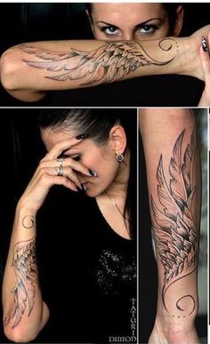 some tattoos on the arms and legs of a woman with an angel wing in her left arm