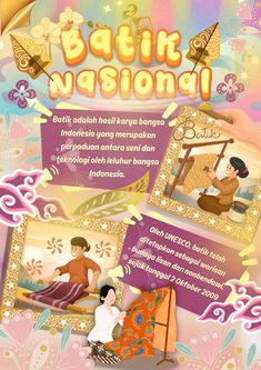 an advertisement for batik nasongi with two people sitting on the floor and one person