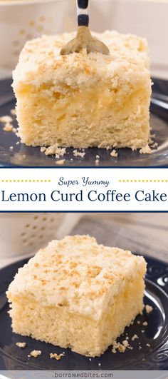 a piece of lemon coffee cake on a blue plate with a fork sticking out of it