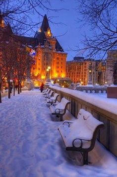 the benches are covered with snow in front of buildings