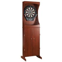 a wooden cabinet with darts in it and a dart on the front door, isolated against a white background