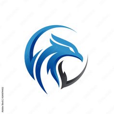 an eagle head with blue and black colors on it's face is shown in this logo