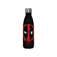 a deadpool water bottle with red paint splattered on the face and eyes