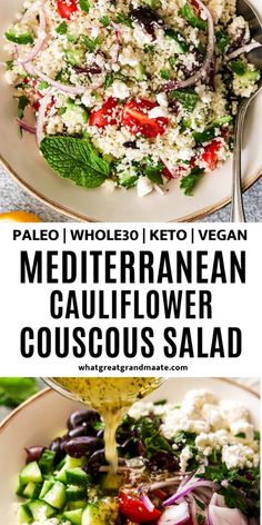 the ingredients for mediterranean cauliflower couscous salad are being poured into a bowl