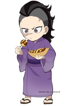 an anime character in a purple robe holding a plate with hotdogs on it