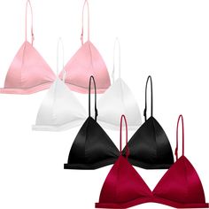 PRICES MAY VARY. Bras for Women Girls: you will get 4 packs of wireless padded silk bras in 4 colors in the package, namely, white, black, pink and wine red, you can wear them to match with your clothes in daily life, making you look more charming; Please note that each pad is integrated Adjustable Skinny Strap: there is a simple row of hooks at the back to help you fasten and fix the women's bralettes, and also, you can adjust the tightness with the skinny straps, showing off your figure and gi Bralettes For Small Chest, Crop Top For Women, Bra Crop Top, Silk Bra, Comfy Bra, Girls Crop Tops, Cute Bras, Crop Top Bra, Triangle Bralette