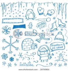 hand drawn winter doodles on white paper