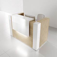 a white reception desk with a chair in the corner next to it on a tiled floor