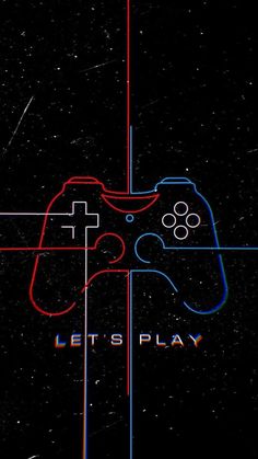 a video game controller with the words let's play in red, blue and black