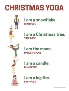 christmas yoga poster with the words i am a snowflake, i am a christmas tree