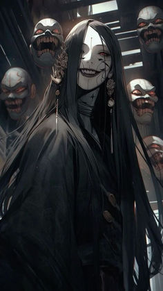 an anime character with long hair and white makeup, standing in front of many creepy faces