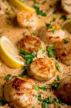 some scallops and lemon are in a white sauce