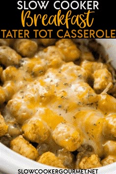 slow cooker breakfast tater tot casserole in a white crock pot