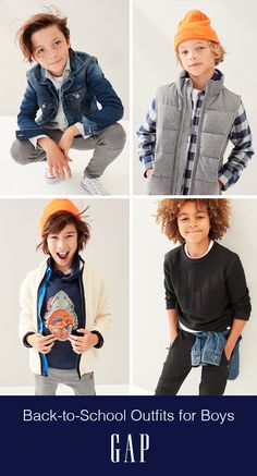 four photos of young boys wearing jackets and hats, with the words back - to - school outfits for boys gap