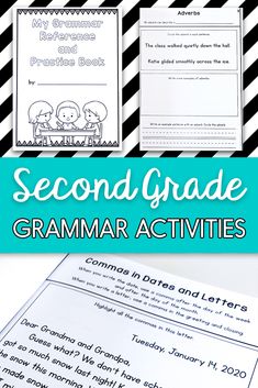 a black and white striped background with text reading second grade grammar activities