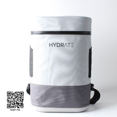 a white and grey cooler bag with the word hydrate printed on it's side