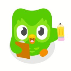 a green bird holding a book and pencil