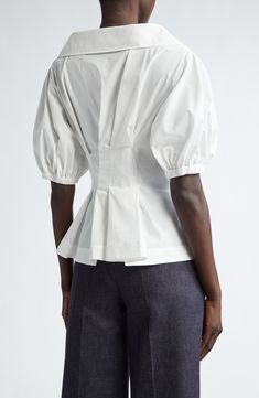 The label continues to reinvent wardrobe classics with a shirting-inspired top cut from crisp poplin in a flared and pleated silhouette framed by puffy sleeves. 25 1/2" length (size 40 FR) Spread collar Elbow-length sleeves with elastic cuffs 70% cotton, 30% polyester Dry clean Made in Italy Designer Clothing Silhouette Frames, Designer Clothing Brands, Poplin Blouse, Poplin Top, Pleat Top, Pleated Blouse, Puffy Sleeves, Collar Top, Elbow Length Sleeve