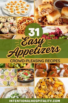 A collage of easy appetizers including deviled eggs, sliders, dips, snack mixes, and more.